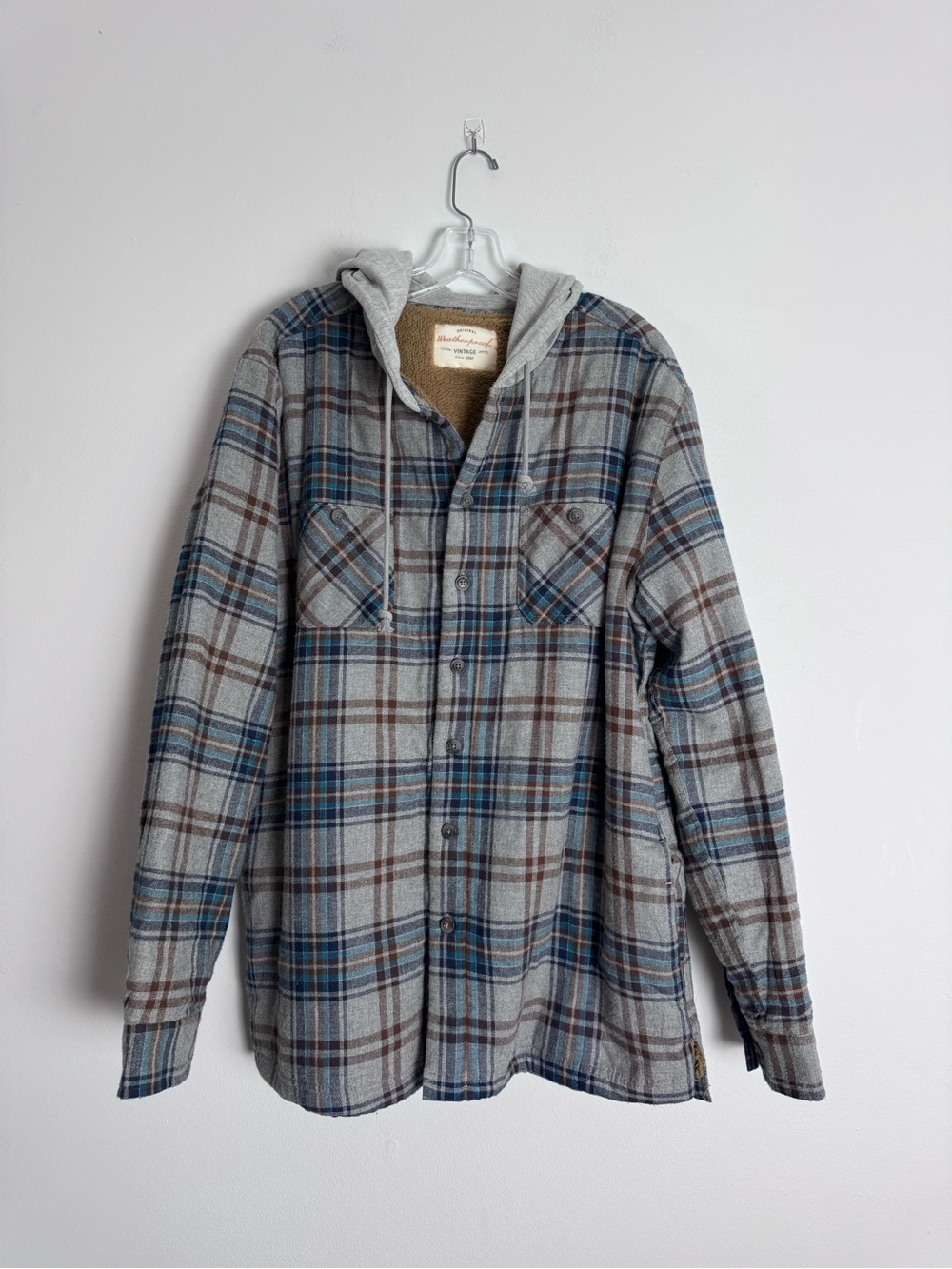 Weatherproof Hooded Plaid Shirt Jacket - Gray, Blue, Brown Sherpa lined L